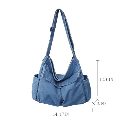Image of Denim Shoulder Bag Canvas Messenger Bag for Women Men Tote Bag Casual Retro Aesthetic Crossbody Bag Handbag