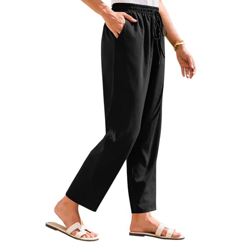 eoeioa Ankle Length Pants for Women Casual Elastic High Waisted Cropped Pants Summer Straight Leg Dress Pant with Pockets