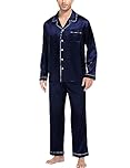 SWOMOG Pyjama Set for Men Silk Black Satin Pyjamas Button Down Sleepwear Long Pj Set 2 Pieces Pjs