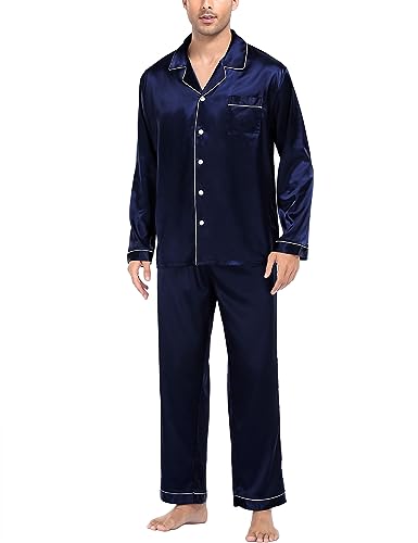 SWOMOG Pyjama Set for Men Silk Black Satin Pyjamas Button Down Sleepwear Long Pj Set 2 Pieces Pjs