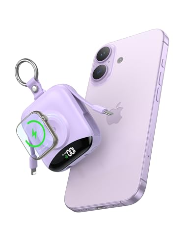 Portable Charger, 10000mAh 22.5W Fast Charging Power Bank with Built-in Cables, Travel Essentials Battery Pack with LED Display for iPhone, Portable iWatch Charger for 11/10/9/8/7/6/5/SE/Ultra Purple
