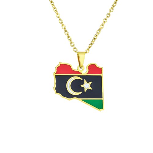 Macracrua Collier léger avec pendentif carte du drapeau de la Libye en acier inoxydable, bijou unisexe minimaliste, 50cm Chain, Acier inoxydable, Pas de pierre précieuse