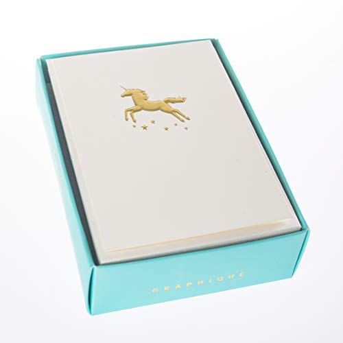 Image of Graphique Gold Unicorn La Petite Presse Boxed Notecards - 10 Embellished Gold Foil Unicorn Blank Cards with Matching Envelopes and Storage Box, 3.25 inch x 4.75 inch (L1343CB)