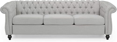 Image of Modern and Stylish 3 Seater Chesterfield Luxury Sofa with Valvet and Fabric Comfortable Sofa for Living Room, Dining Room, Hallway, and Office-(GREYY).