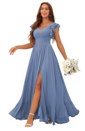 Image of Clothfun Ruffle Sleeve Elegant Bridesmaid Dresses Long Chiffon Formal Dress CYN007