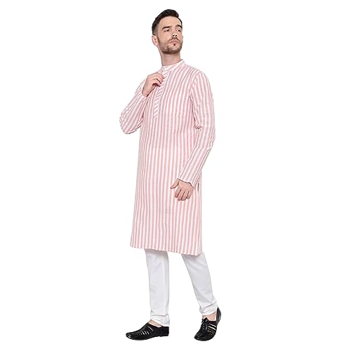 Image of LATEST CHIKAN Broad Striped Cotton Men's Long Kurtas