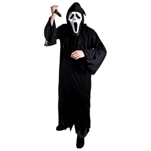 Disfraz de la parca de Halloween para adultos, talla XXL, bata negra, máscara de grito y cuchillo de plástico falso, disfraz de Halloween para adultos