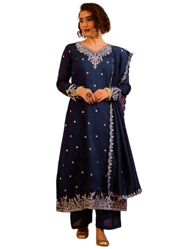 Image of Naixa Women's Vichitra Silk Embroidered A-Line Kurta with Pant and Dupatta Sets (NX-845)