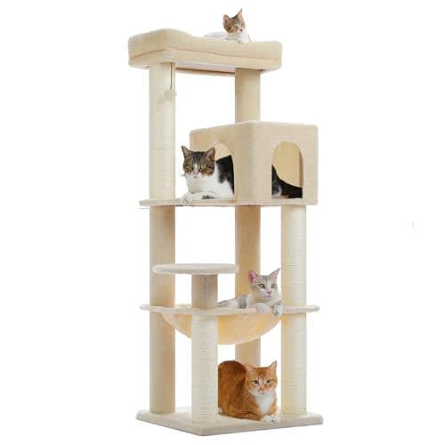 Image of MUTTROS Large Cat Tree with Reinforced Scratching Posts (φ3.7in) for Big Adult Cats 30 lbs, 57.8 inch Heavy Duty Cat Tower with Larger Hammock and Condo, Cat Furniture for Maine Coon, Plush,Beige