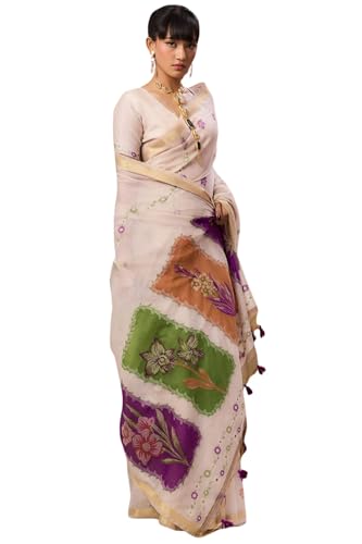 Image of SGF11 Women's Soft Cotton Linen Silk Saree With Unstitched Blouse Piece