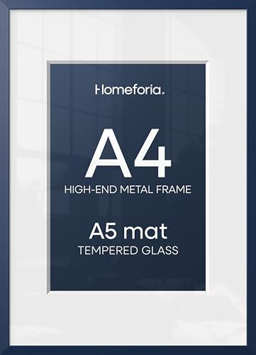 Image of Homeforia A4 Blue Picture Frame, High-End Metal, A5 Mat, Glass | High End Aluminum, Tempered Glass, Acid-Free A5 Removable Mat, A4 Edge-to-Edge Display, Wall Kit, Set Of 1
