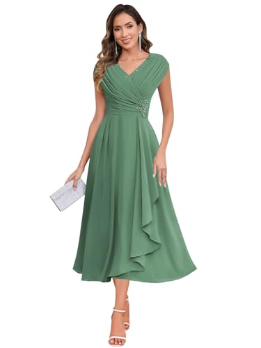 Image of SOLODISH Mother of the Bride Dresses for Wedding Tea Length Chiffon A Line Formal Wedding Guest Party Gown
