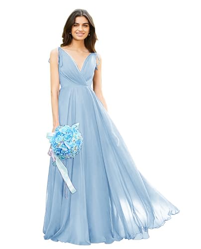 Image of HSFIYAKJ Bridesmaid Dresses Long Chiffon Formal Dress Open Back V Neck Evening Prom Gown for Women with Pockets