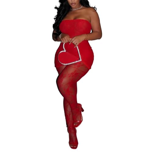 Image of Kafiloe Sexy 2 Piece Outfits for Women Clubwear Lace Tube Mini Dress Top with Stockings Set Birthday Outfits
