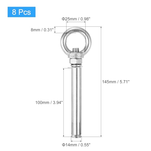Image of uxcell Ring Lifting Expansion Eyebolt, 8pcs M10x120mm 304 Stainless Steel Expansion Screw with Eye Ring for Concrete Brick Wall