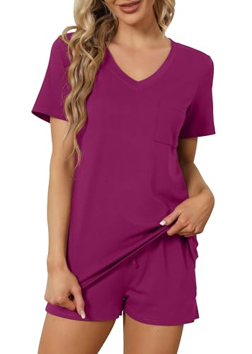 Image of RUBZOOF Women's Short Sleeve Pajama Sets with Pockets Casual V Neck 2 Piece Lounge Sets S-3XL