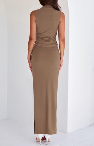 BTFBM Summer Two Piece Skirt Set for Women 2025 Dressy Lightweight Sleeveless Knit Top Going Out Split Maxi Skirt Set
