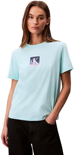Calvin Klein Damen T-Shirt Kurzarm Classic Boxed Monogram mit Logo, Türkis (Tahiti Turquoise), XS – Ansicht 1