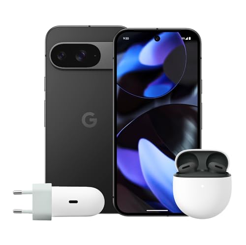 Google Pixel 9 mit 45-W-USB-C-Ladegerät – Smartphone mit Gemini ohne SIM-Lock,erweiterte Kamerafunktion, 24 Stunden Akkulaufzeit und EIN 6,3 Zoll großes Actua-Display – Obsidian, 128GB + Pixel Buds 2a