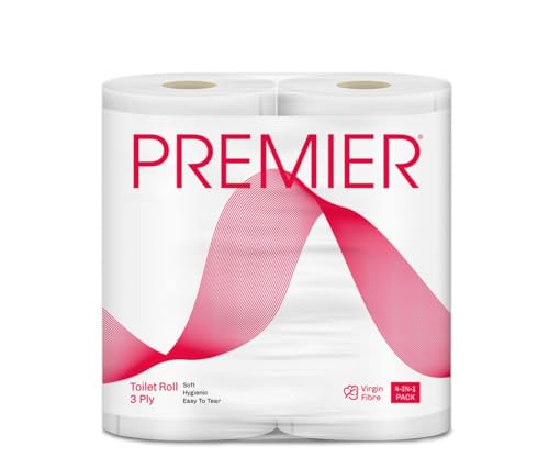 Image of Premier 3 Ply Toilet Tissue Roll (1200 Pulls) | 300 Pulls x 4 Rolls | Biodegradable, Clog Free, Flushable, Easy to Tear | Extra Absorbent Toilet Paper Roll for Home, Office, Bathroom Tissue