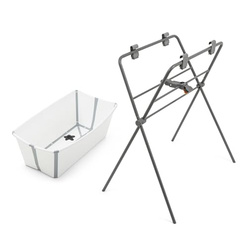 Bañera Flexi Bath de Stokke (White) + Soporte para Bañera Flexi Bath - Bañera para bebés de hasta 10 kg - Plegable, duradera y fácil de guardar - Cómoda de usar en casa o de viaje