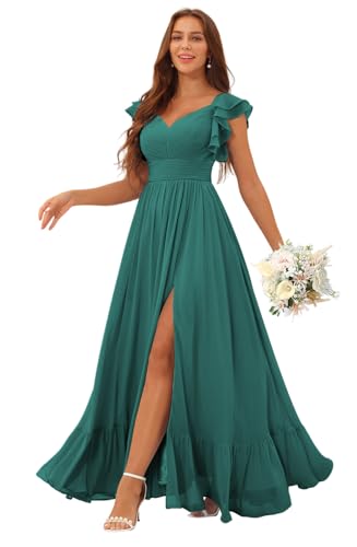 Image of Clothfun Ruffle Sleeve Elegant Bridesmaid Dresses Long Chiffon Formal Dress CYN007