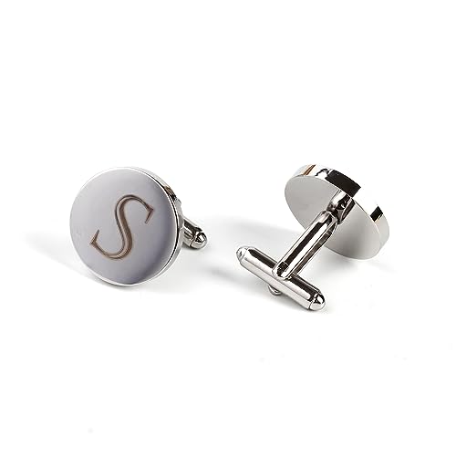 Image of Mens Initial Silver Cufflinks A-Z Alphabet Letter Steel Cuff Links with Engraved Walnut Wood Box Groom Groomsman Wedding Set