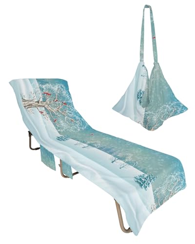 Christmas Winter Beach Chair Towel Covers for Chaise Lounge with Side Pocket, Soft Plush Pool Towels Cover for Patio Sunbathing Outdoor 29''x85'' Foresr Snowy Tree Animal Red Bird