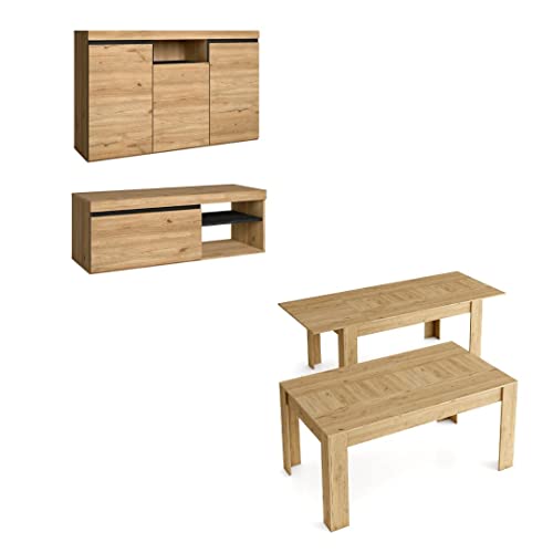 Skraut Home | Ensemble de Meubles modèle Naturale |Table Extensible 140x90x76, Buffet 140x40x80, Meuble TV 120x40x41 | Finition Mélamine Couleur Chêne/Noir