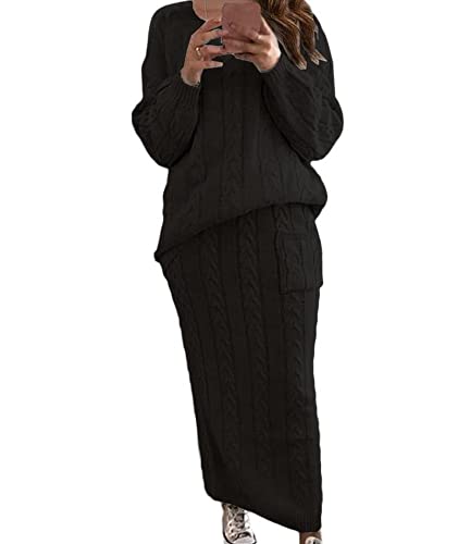 Image of Sexyshine Women's Cable Knit Long Skirt 2 Piece Outfit Chunky Oversized Pullover Sweater Top and Long Pencil Skirt Sets