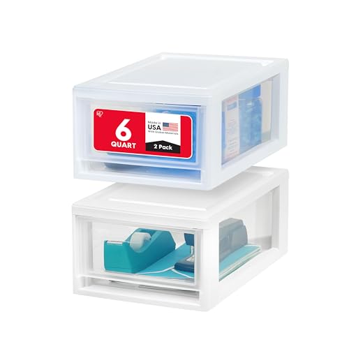 Image of IRIS USA 6 Qt. Plastic Drawer Storage Organizer Stacking Drawers, 2-Pack, Stackable Unit with Sliding Drawer for Bedroom Kitchen Under Sink Pantry Craft Room Bathroom Dorm Office, White