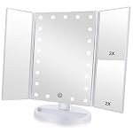 Tri-fold Lighted Vanity Makeup Mirror with 3x/2x Magnification,21 LEDs Light and Touch Screen,180 Degree Free Rotation Countertop Cosmetic Mirror,Travel (White)