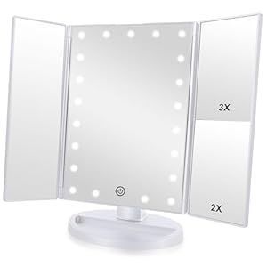 Tri-fold Lighted Vanity Makeup Mirror with 3x/2x Magnification,21 LEDs Light and Touch Screen,180 Degree Free Rotation Countertop Cosmetic Mirror,Travel (White)