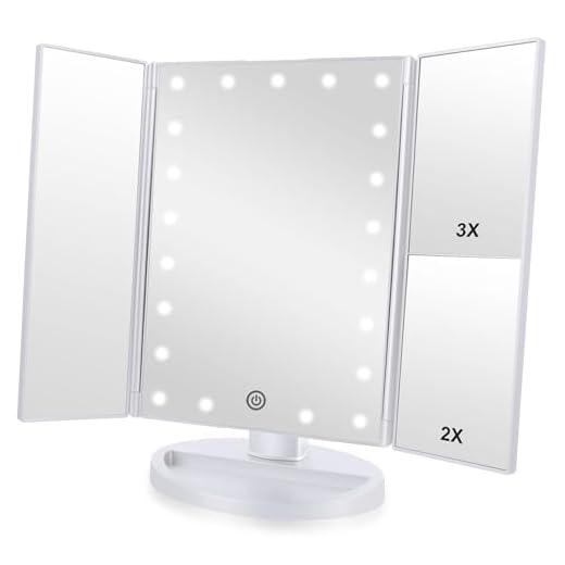 Flymiro Tri-fold Lighted Vanity Makeup Mirror with 3x/2x/1x Magnification, 21Leds Light and Touch Screen,180 Degree Free Rotation Countertop Travel Cosmetic Mirror (White)