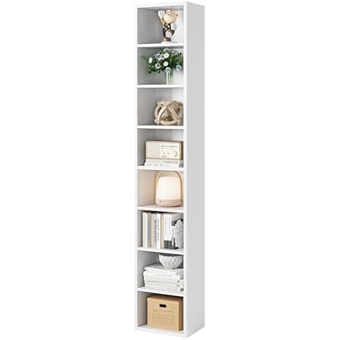 Bamjoy 71 Inches Tall Narrow Bookshelf, 8-Tier CD DVD Slim Media Tower Rack, Corner Bookcase with Adjustable Shelves, Skinny Cubes Bookshelves for Home Office Small Space, White Cover