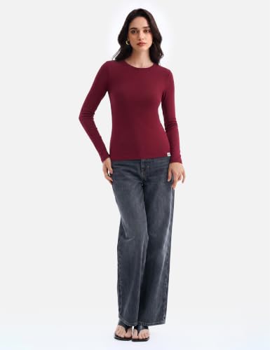 Image of Women's Merino Wool Blend Shirts Long Sleeve Tops Crew Neck Fitted Basic Tee Cozy Embrace Collection