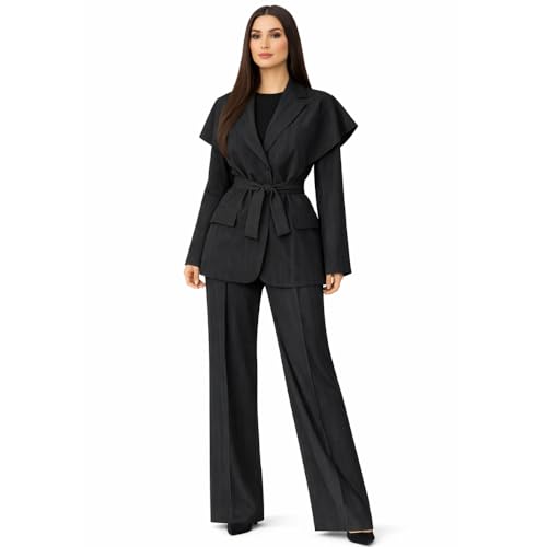 Tailleur Femme Élégant 2 Pièces Rayé – Blazer Ceinturé Structuré et Pantalon Large Fluide...