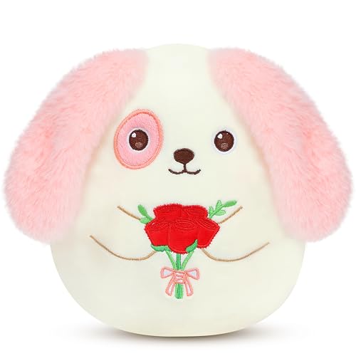 Easfan Rose Stuffed Puppy Plush Pillow, Kawaii Floppy Ears Soft Toy with Rose, Gifts for Birthday Valentine Wedding Anniversary for Girls,Kids,Boys,Women