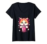 Photo Gallery donna boba cat drinking boba shake - retro kawaii giapponese kitty maglietta con collo a v Photo Gallery donna boba cat drinking boba shake - retro kawaii giapponese kitty maglietta con collo a v