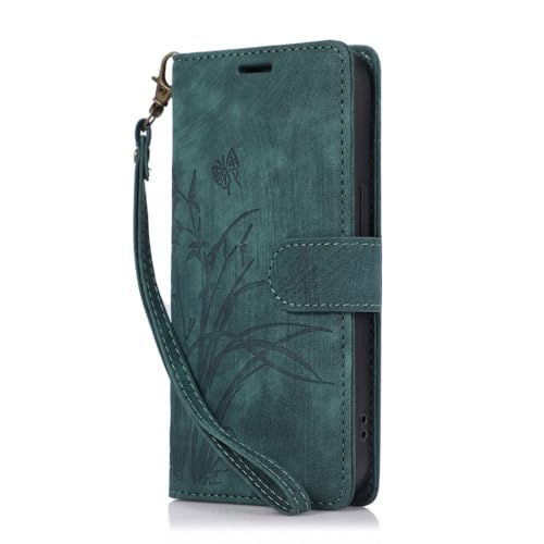 Compatible con Sony Xperia 5V (Color: Verde Oscuro) Funda magnética de piel con tapa con patrón y correa
