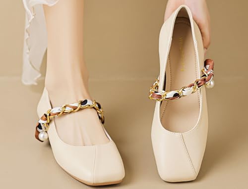 Niction Mary Jane Flats for Women Fashion Square Toe with Pearl Ankle Strap Ballet Comfortable Retro Slip On Dress Work Wedding Bride Shoes3