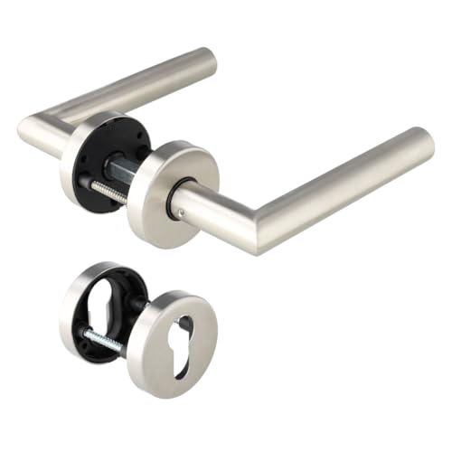 Aperit Türgriff: Edelstahl Türklinke Paar mit PZ Rosetten - Rund - Matt - Drückergarnitur für Innentüren - T-Modell - 49.330.01