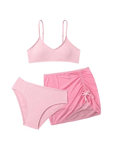 MakeMeChic Girl's Bikini Sets Textured Wireless Swimsuit with Mesh Sheer Beach Skirt