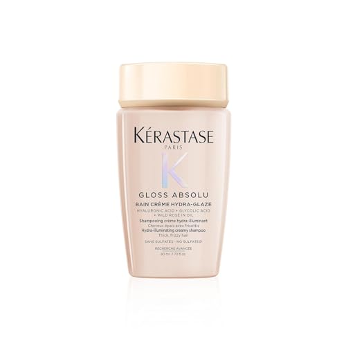 Kérastase Gloss Absolu Bain Crème Hydra Glaze, Champú para Cabello Muy Encrespado, Brillo y Suavidad, Con Ácido Glicólico, Ácido Hialurónico y Aceite de Rosa Silvestre, Tamaño Viaje 80 ml