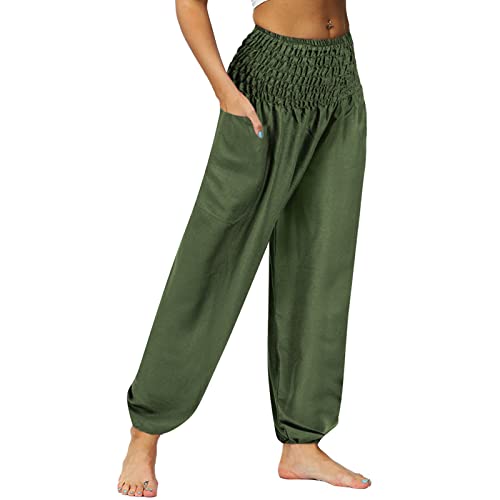 Nuofengkudu Mujer Hippie Pantalon Harem Elásticos Cintura Alta Bolsillos Bombachos Tailandes Hombre Comodos Yoga Pants Pantalones Unisex Pijama Verano Playa Fiesta Viaje Casual Albaricoque XL Cover