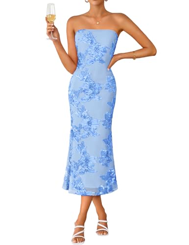 ZESICA Women's Summer Strapless Floral Midi Dress 2026 Bodycon Mesh Tube Wedding Guest Cocktail Party Formal Dresses Blue Small