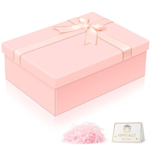 VINATO Caja Regalo Plegable, 25x18x8.5cm, Cajas de Regalo con Tapa, Cinta, Tarjeta de Felicitación y Rafia, para Cumpleaños, Bodas, Aniversarios, Navidad, Rosa