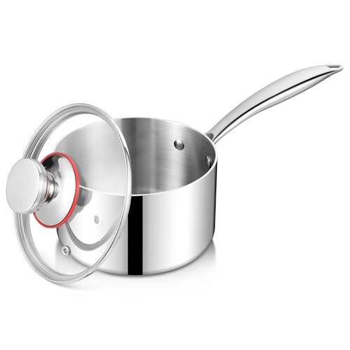 Joyfair Stielkasserolle, 16cm Premium 3-Lagen Edelstahl Milchtopf Induktion mit Deckel, 1,8 Liter Kochtopf mit Langer Griff, Klein Töpfe für alle Herdarten, Unbeschichtet & Spülmaschinenfest