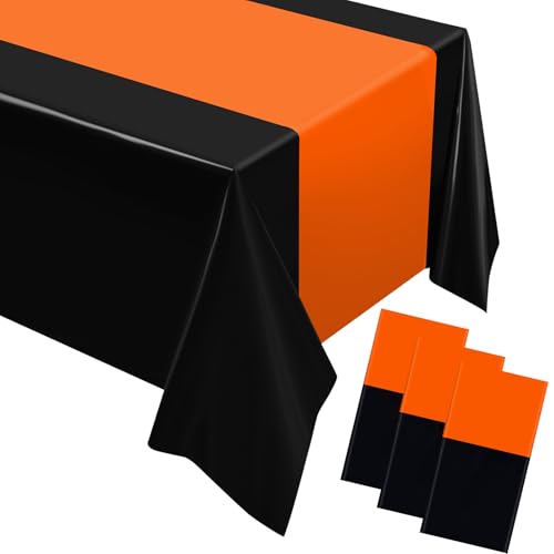 Image of Oudain 3 Pcs Plastic Table Cloths Disposable 54 inch x 108 inch, Orange, Black