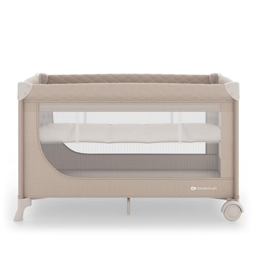 Kinderkraft LEODY UP, Cuna y Cuna de Viaje 2 en 1, Parque Seguro, Plegado rápido, 2 Alturas de Base, Ruedas con Bloqueo, Entrada Lateral con Cremallera, Laterales de Malla, Beige